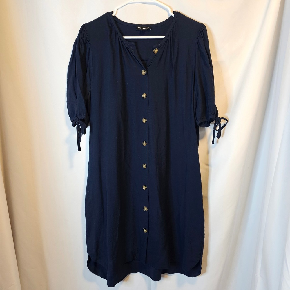 Whistles Button Front Shirt Dress 10 Navy Blue Minimalist Coastal Smock Academia